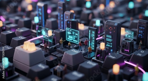 Tiny figures explore a futuristic digital city built on a keyboard with glowing neon screens and data interfaces.