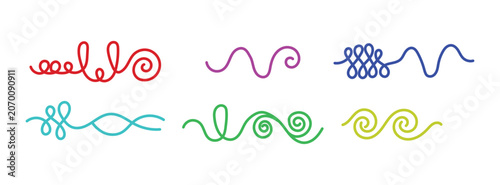 Collection of colorful decorative doodle lines with spirals curls and waves on white background