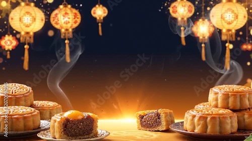 Mid-Autumn Festival banner, beautifully crafted mooncakes arranged along the lower border, decorative lanterns hanging from above, warm golden illumination, navy blue and amber gradient background