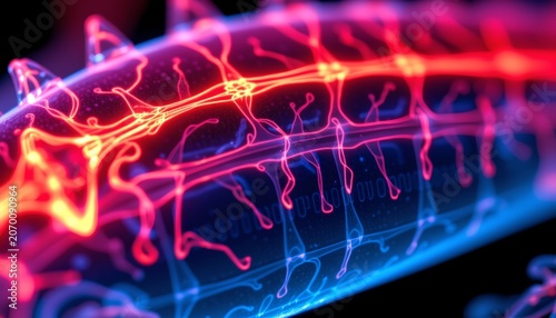 The image features a close up view of a neural network inspired design illuminated with vibrant neon colors, primarily pink, purple, and blue