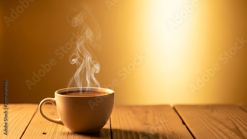 Steaming Hot Coffee Cup on Wooden Table with Golden Light.