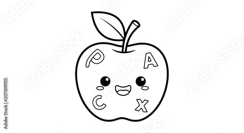 Schilderij op canvas Cute apple character with letters coloring page