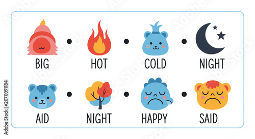 Fotografie Educational worksheet for opposites and rhyming words with icons