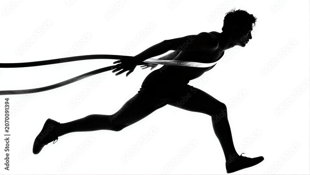 Fototapeta premium Silhouette of a sprinter crossing finish line in dynamic motion against stark white background.