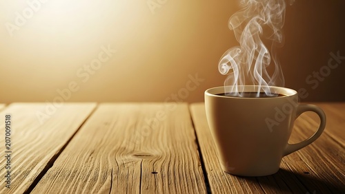 Steaming Hot Coffee Cup on Wooden Table with Warm Sunlight.