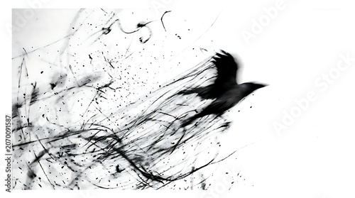 Dynamic monochrome brush stroke illustration of a raven in mid-flight