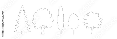 Photos Minimalist tree outline icons set, simple black line art forest silhouettes, col