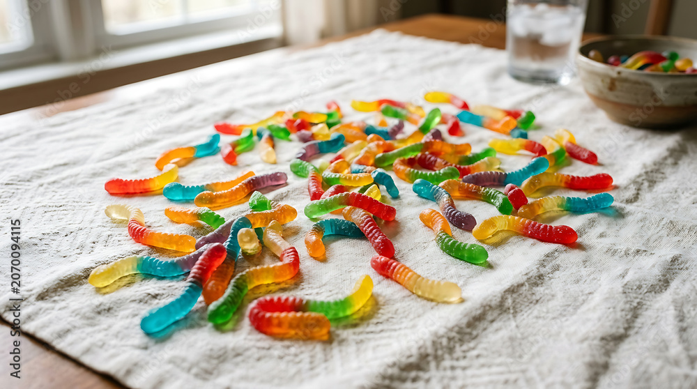 Fototapeta premium Vibrantly Colored Gummy Worms Scattered Across a Textured Surface