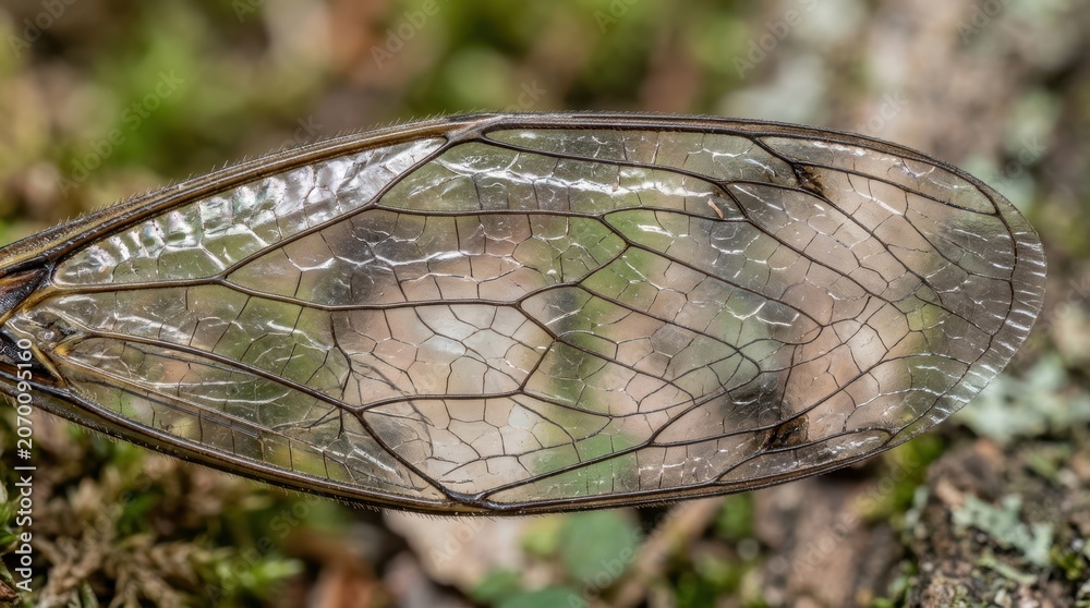 Fototapeta premium Macro photography of a delicate insect wing with intricate venation patterns, detailed transparent texture of a crane fly wing, nature biology background for science
