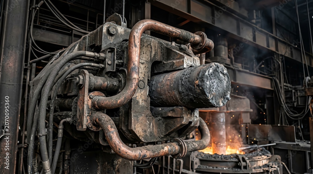 Fototapeta premium Industrial Machinery with Metal Components and Sparks in a Factory Setting.