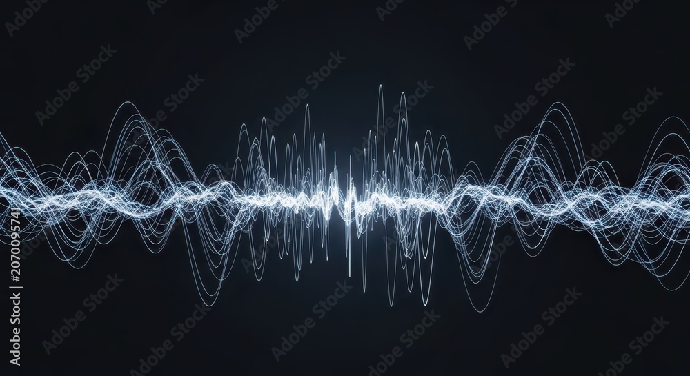 Obraz premium Dynamic glowing soundwave visualization with intricate blue and white patterns on a dark background