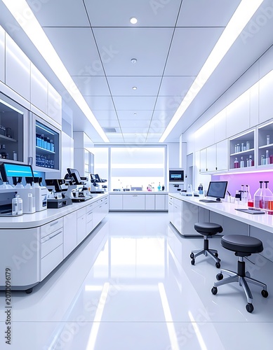 A modern, well-lit laboratory with sleek white surfaces and equipment