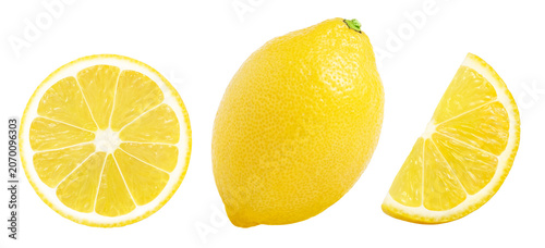 Fotografie lemons fruits collection, slice and half of lemon isolated on white background, fresh Juicy lemons set with clipping path