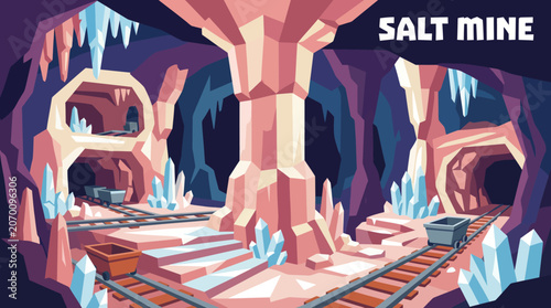 Photos salt mine with underground chambers extraction equipment crystalline formations