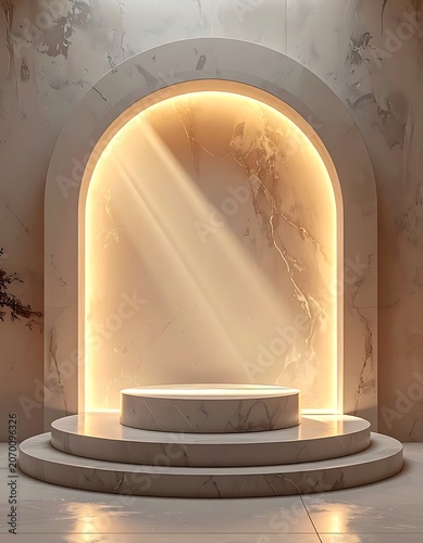 A radiant archway with a raised platform in a luxurious setting
