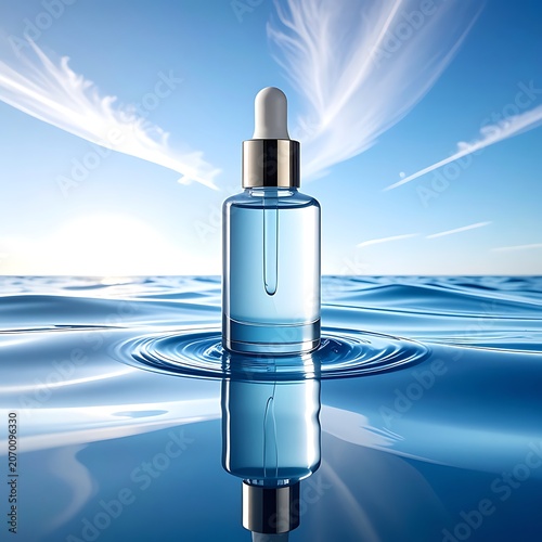 A serene blue-tinted image of a dropper bottle on rippling water