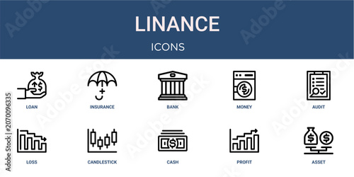 Photos Set of 10 outline web Linance icons such as asset, profit, cash, candlestick cha