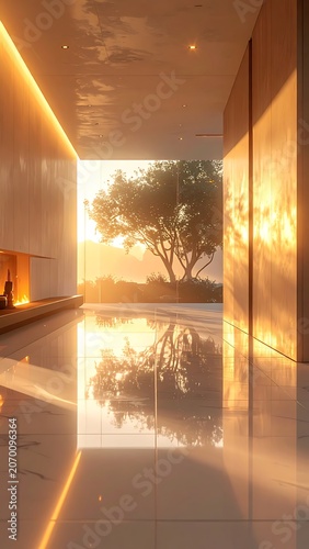 A serene corridor with a reflective floor and warm lighting leads to a sunset view