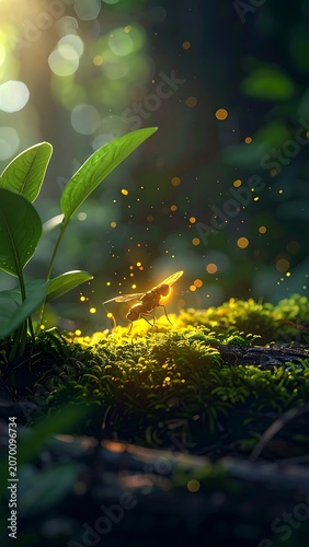 A serene forest scene with a small plant