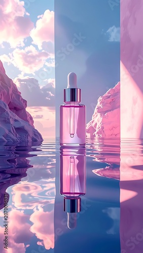 A serene landscape with a dropper bottle on water (6)