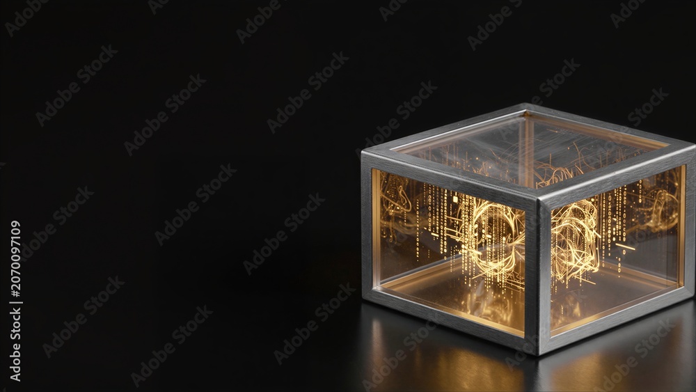 Fototapeta premium Golden circuitry inside a transparent cube, glowing softly against dark background.