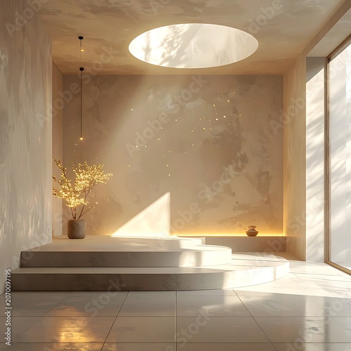 A serene, modern room with a circular skylight and warm sunlight