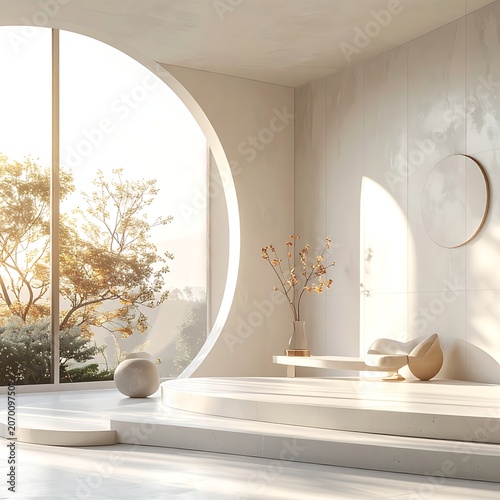 A serene white room with a large rounded window overlooking trees