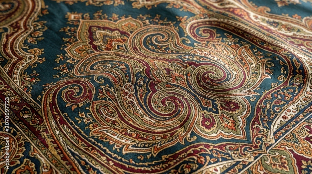Fototapeta premium Intricate Paisley Pattern Fabric Texture in Deep Teal and Burgundy Tones for Luxury Textile Design and Vintage Fashion Backgrounds