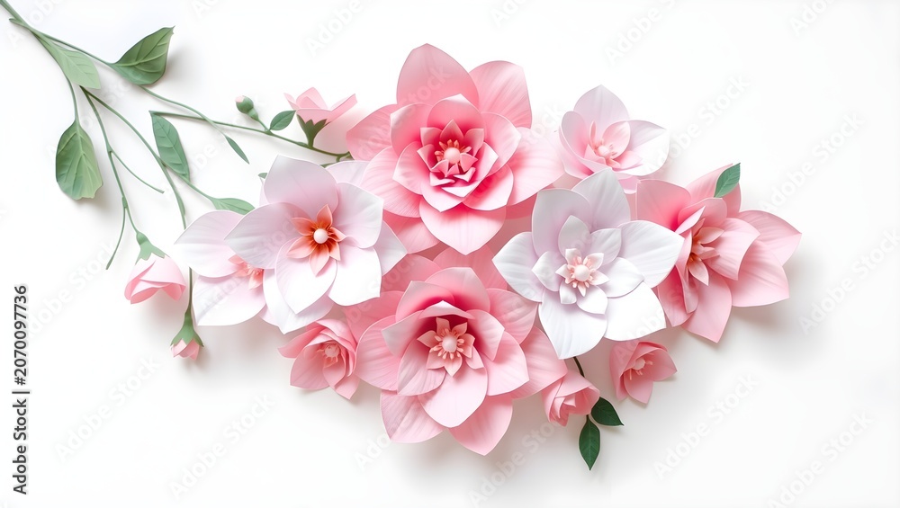 Fototapeta premium Delicate Pink and White Paper Flowers Arrangement on White Background