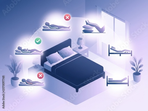 Infographic illustrating proper and improper sleeping positions in a bedroom setting