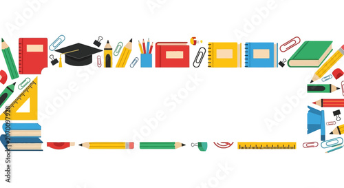 Educational border frame with student stationery and supplies
