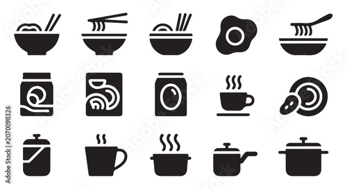 Foto Diverse food and kitchen appliance icon set including bowls eggs coffee cups and pots