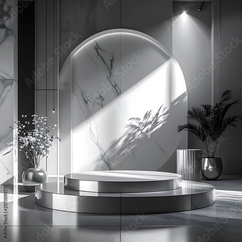 A sleek, modern room with a raised platform and decorative plants