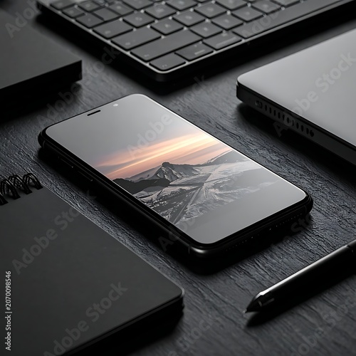 A smartphone displaying a serene mountain landscape at sunset surrounded by office gadgets