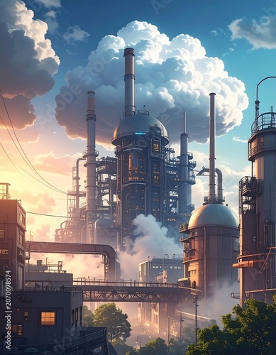 A stylized industrial complex at sunset, smoke billowing from towers, a vibrant sky, clouds, and structures