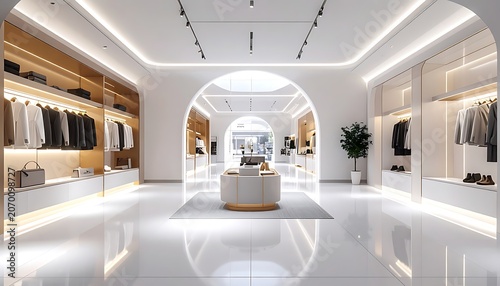 A spacious, modern clothing store with sleek white interior