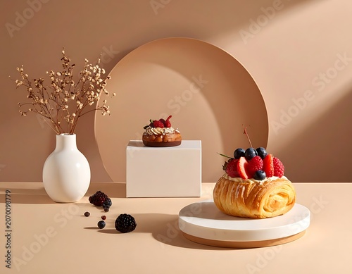 A still life of pastries and berries on a table