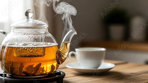 Steaming Hot Tea in Glass Teapot with Cup on Wooden Table.