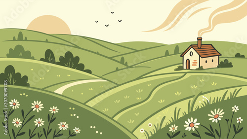 Countryside landscape with house and flowers in soft pastel colors and flat illustration style for travel and nature themes.