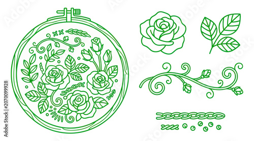 Obraz na plátně Floral embroidery hoop with roses and botanical line art elements