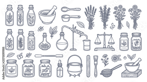 Bild auf Leinwand Apothecary jars mortar and pestle with medicinal herbs icons set