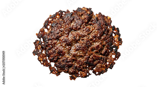 Smashed burger patty with crispy lacy edges, grilled ground beef meat for cheeseburger, seared rustic beef burger steak isolated PNG with Transparent Background