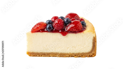 Classic New York cheesecake slice with fresh berry topping, creamy vanilla cheese cake dessert, gourmet bakery pastry with strawberries and blueberries isolated PNG with Transparent Background