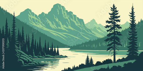 Mountain lake landscape in stylized flat illustration with muted green and beige tones for travel and nature backgrounds.