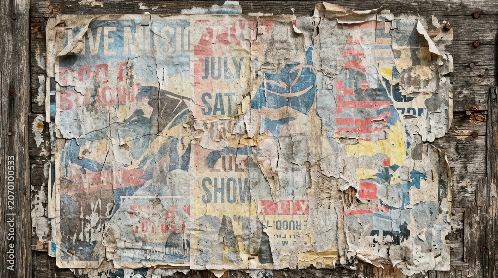 Naklejka premium Weathered Torn Poster Layers on Rustic Wooden Wall Texture Background for Urban Grunge Design Projects and Vintage Street Art Aesthetic Backdrop