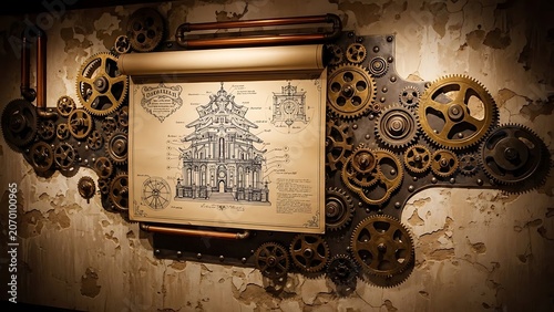 Steampunk Architectural Blueprint with Gears and Ornate Design.