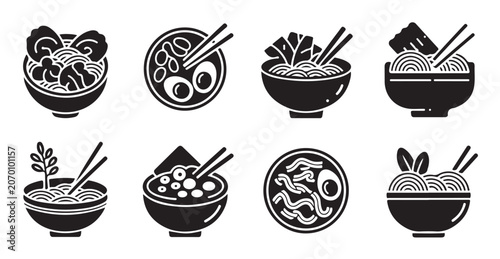 Cuadro en lienzo Selection of noodle bowl vector icons featuring various ramen soup styles and ingredients