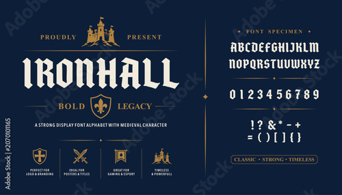 Ironhall Medieval display font alphabet with bold gothic character and heraldic icons for premium branding