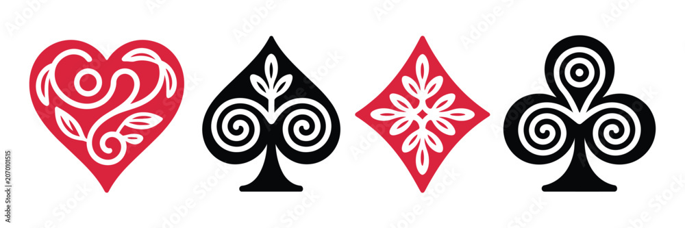 Fototapeta premium Playing card suits, elegant decorative symbols with floral ornament patterns in hearts, spades, diamonds, and clubs for casino branding, poker tables, and premium gambling design elements.