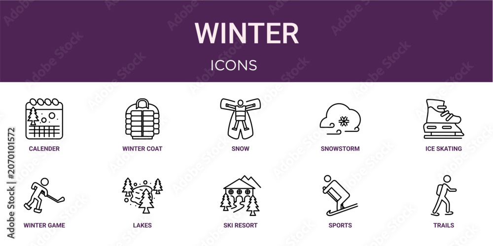 Naklejka premium Set of 10 thin line Winter icons for dashboards, websites and mobile app layouts. Editable outline vector pack featuring calender, snow, ice skating, lakes and trails.